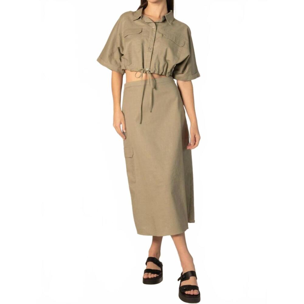 NEW BEFORE YOU COLLECTION brynlee linen blend cargo midi skirt in khaki